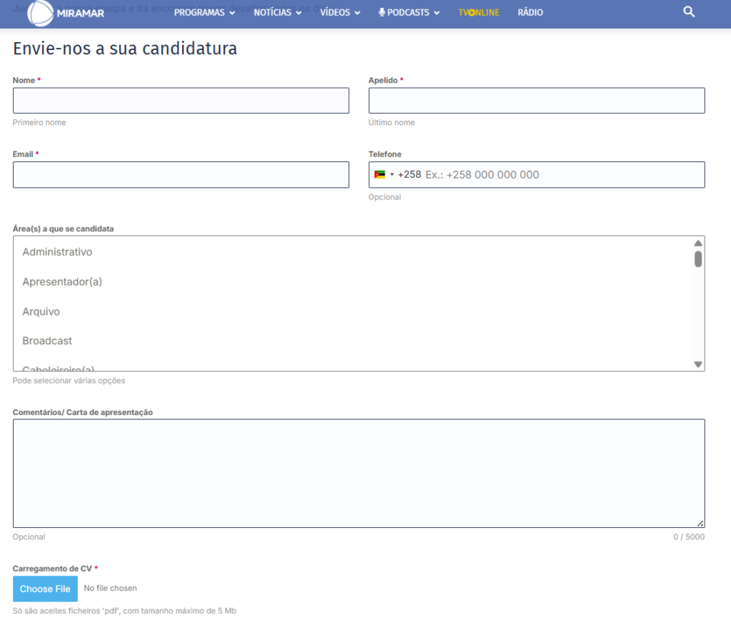 Formulário de Candidatura Espontânea na TV Miramar